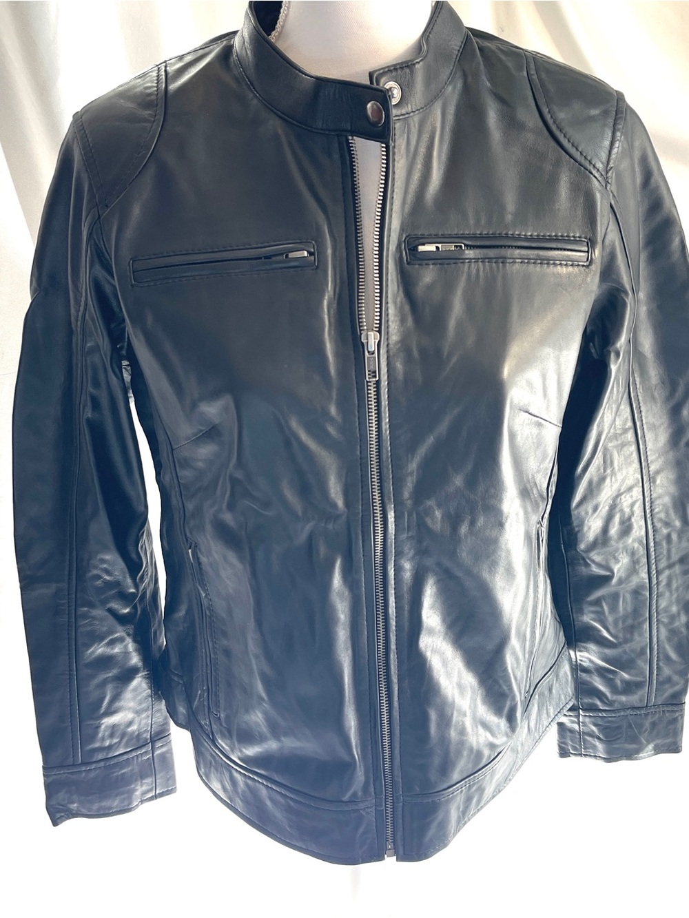 Black Real Leather Moto Jacket Large Café Racer Zip Front/L
